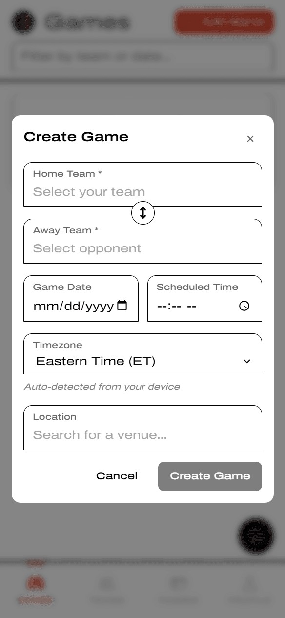 Create Game modal with home, away, date, time, timezone, and location fields