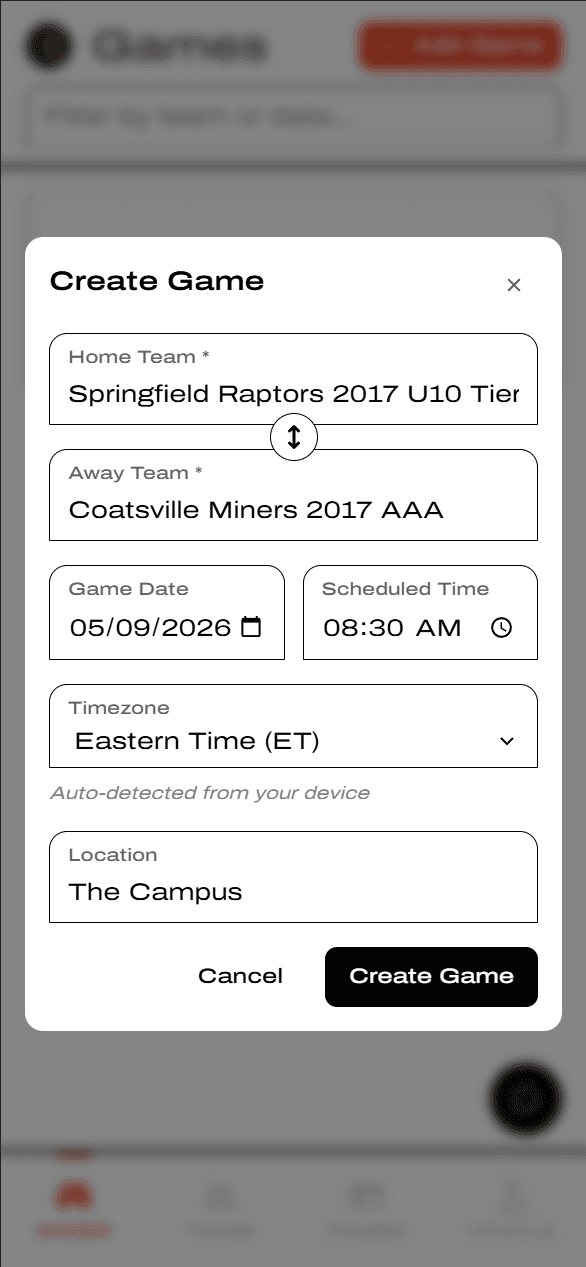 Filled-in Create Game form ready to save