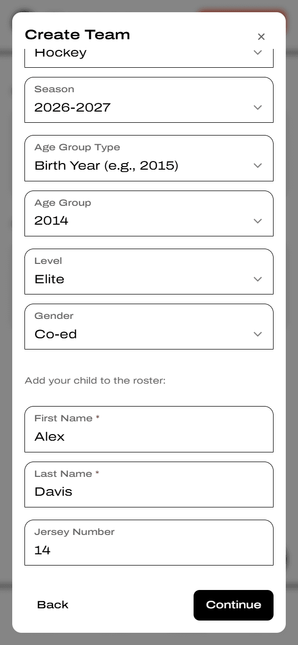 Roster section of Create Team form with First Name, Last Name, and Jersey Number for a new child