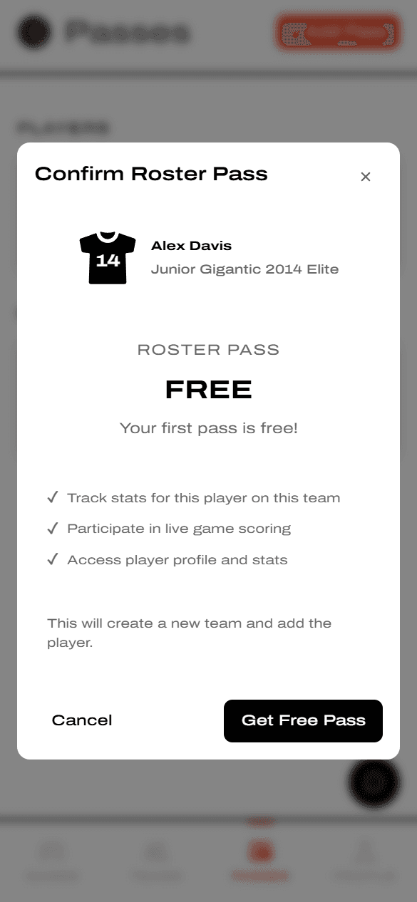Confirm Roster Pass modal showing FREE for first pass