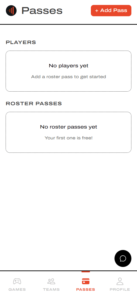 Passes page with empty state and + Add Pass button