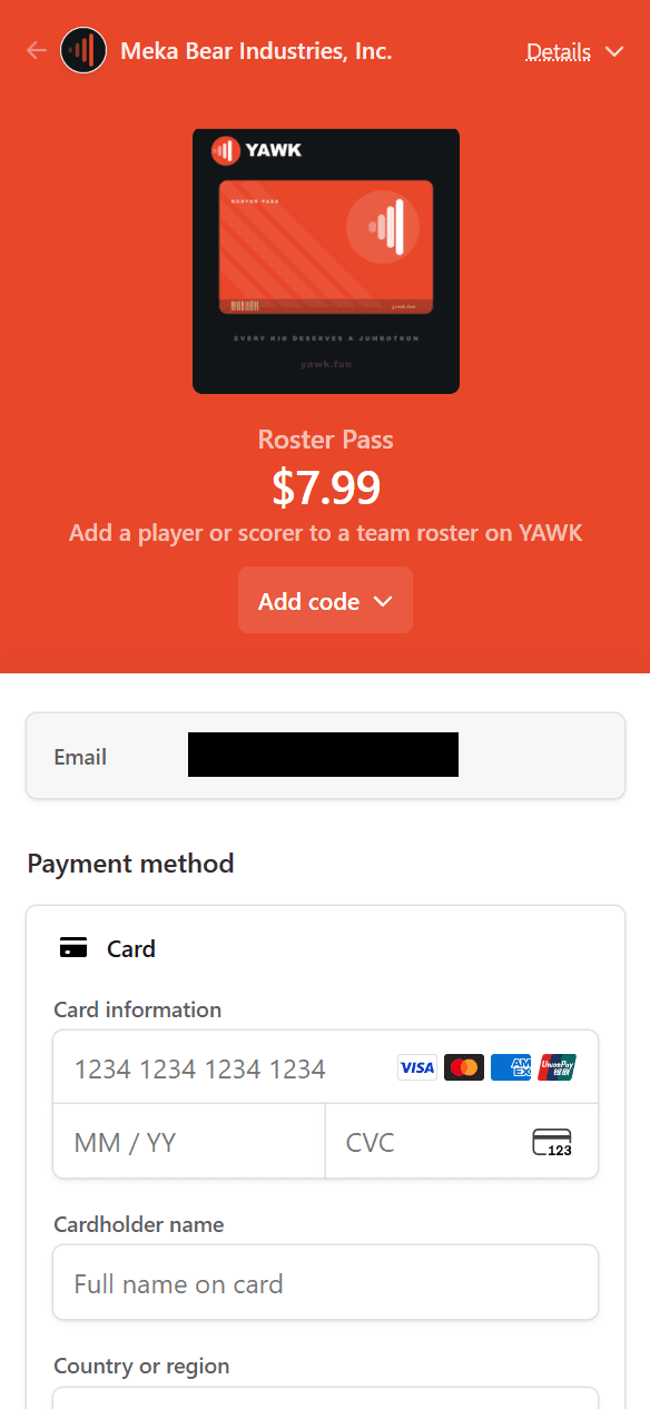 YAWK-branded Stripe checkout at $7.99 with Add code option and card payment fields