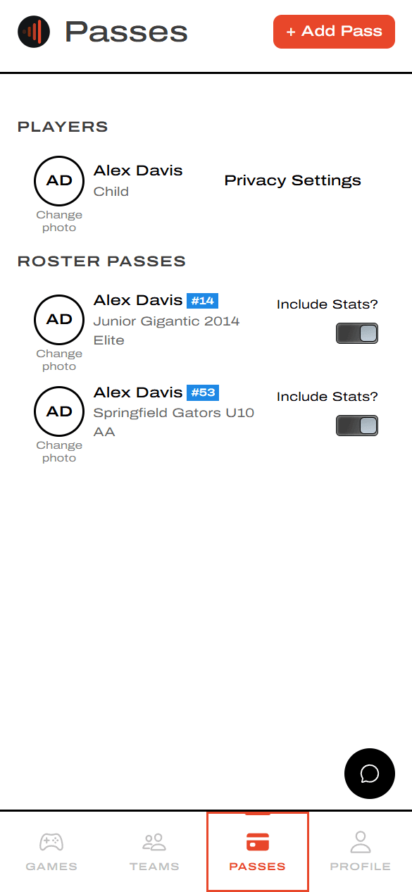 Passes page showing player and active roster passes