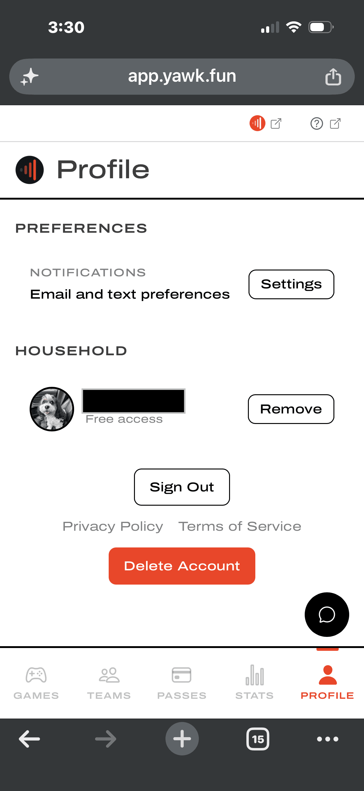 YAWK web app Profile page at app.yawk.fun with the Delete Account button