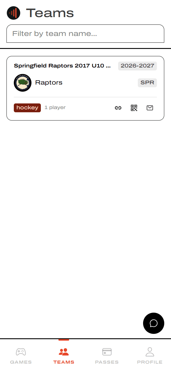 Teams page with link, QR, and email icons on the team card