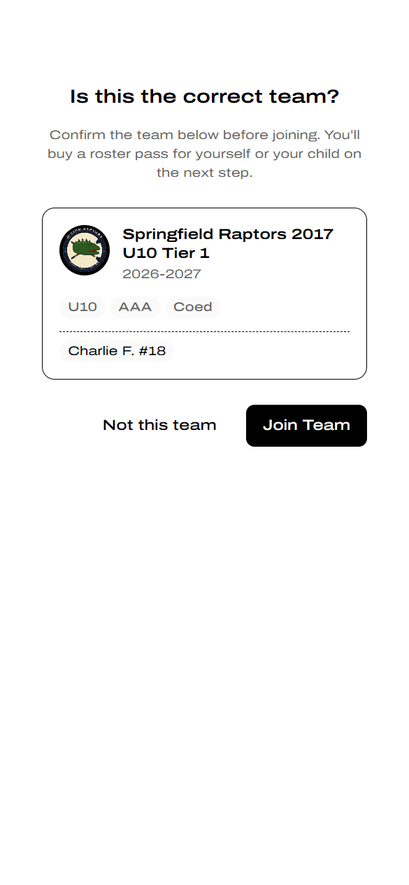 Is this the correct team? confirmation with Join Team button
