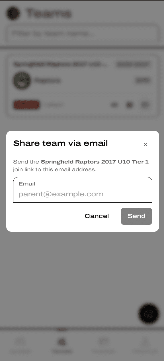 Share team via email modal with email input