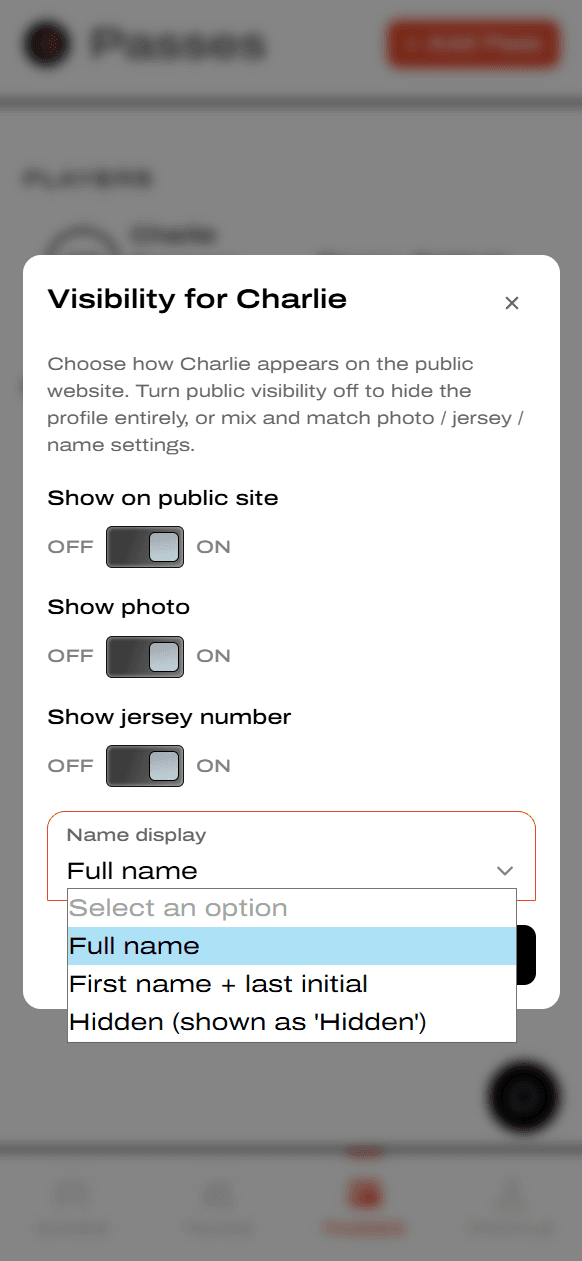 Visibility modal with master toggle, photo toggle, jersey toggle, and name display dropdown