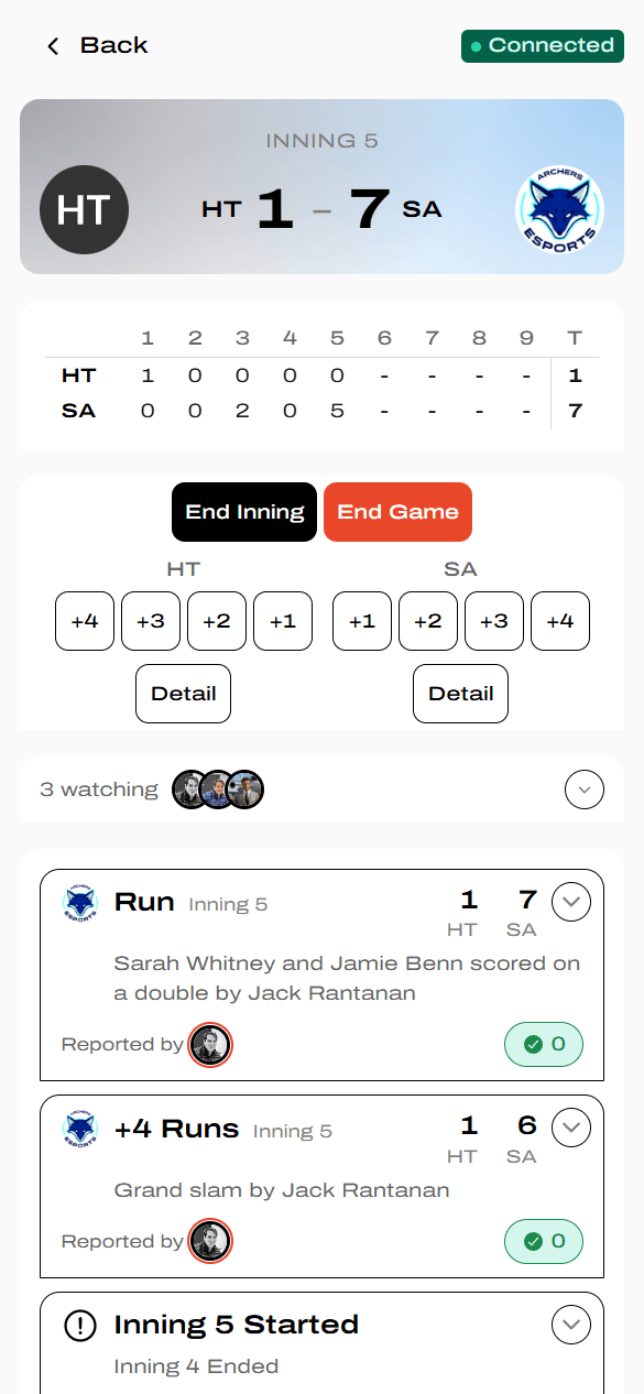 Baseball scoring console with Inning 5 header, Block Score, and Run events including a grand slam