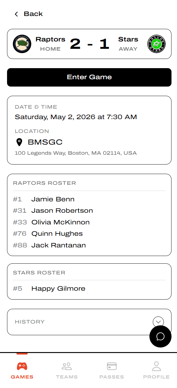 Game detail page with Enter Game button and both rosters
