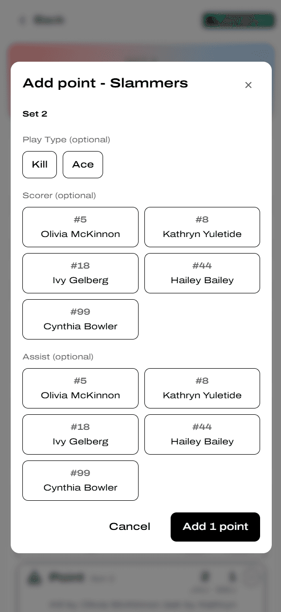 Add point modal with Play Type, Scorer grid, and Assist grid