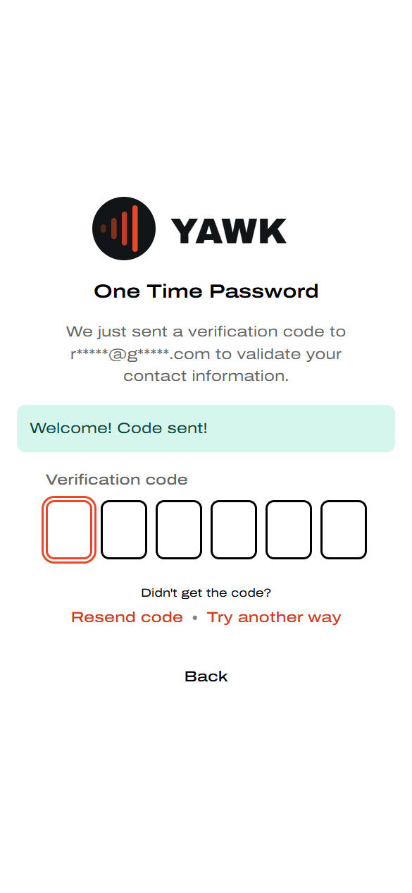 One Time Password screen with six code boxes