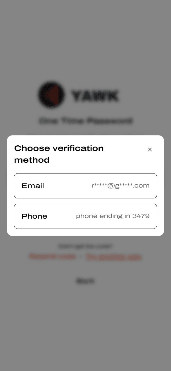 Choose verification method modal with Email and Phone options