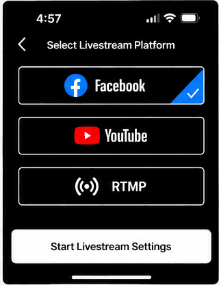 XbotGo app's Select Livestream Platform screen with Facebook, YouTube and RTMP options
