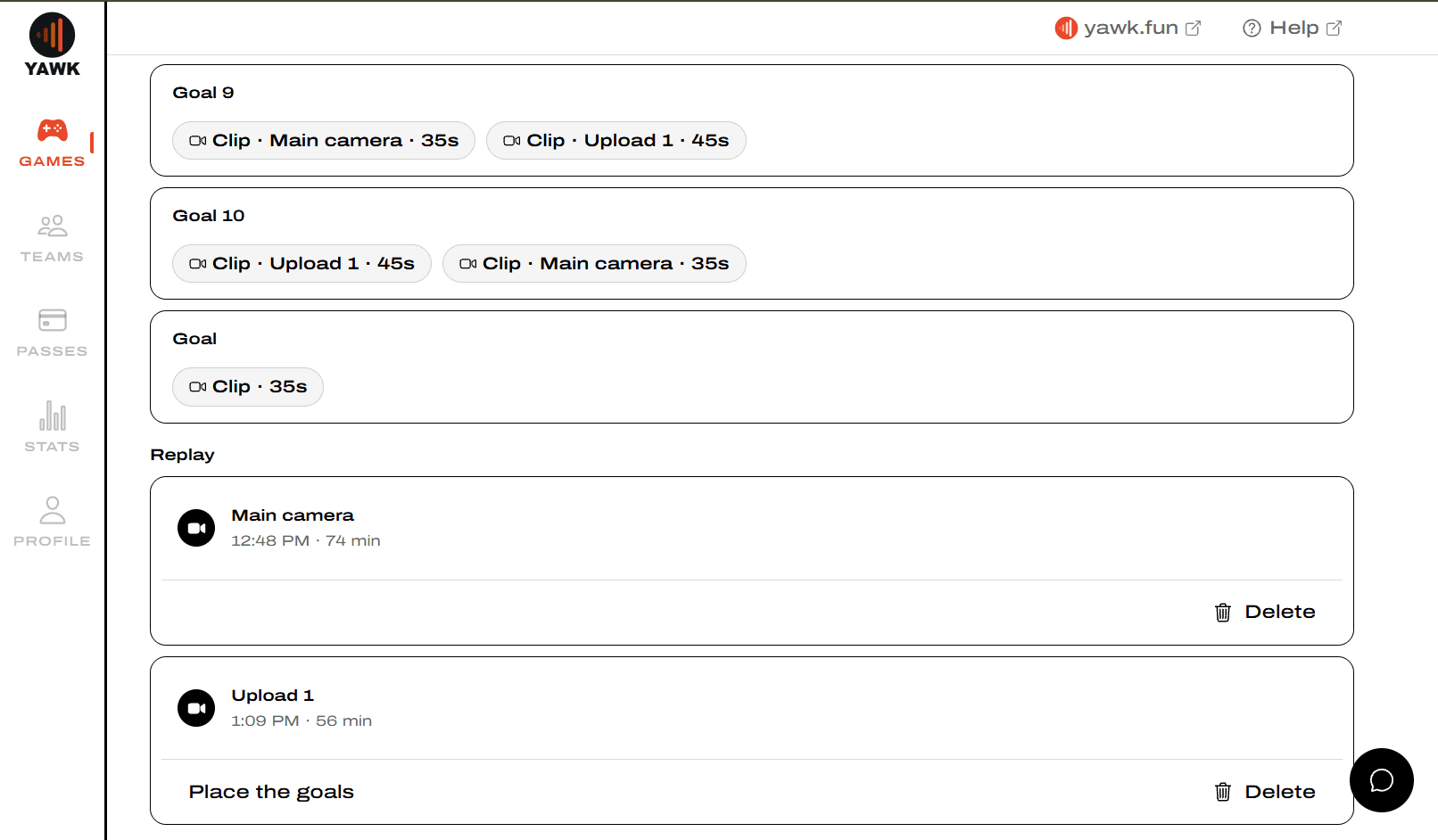Replay list with Main camera and Upload 1 rows; the upload has a Place the goals action and both have Delete